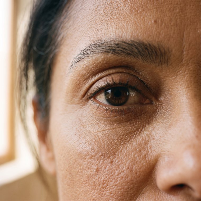 Perfil do olhar de uma mulher madura, com as pálpebras superior e inferior visíveis
